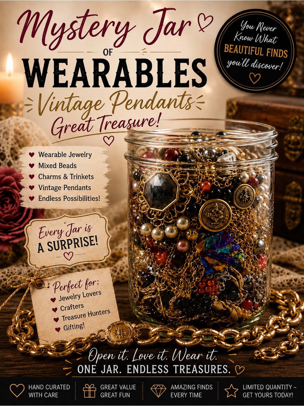 Jewelry Jar 🏺 Filled with Wearable Jewelry and Mixed Beads & Trinkets 1.8#
